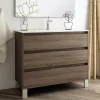 Cosyneo Meuble sous vasque seul, 3 tiroirs, 100cm, simple vasque - britannia (chêne foncé) - TIRIS