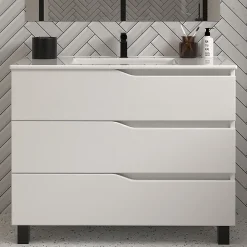 Cosyneo Meuble sous vasque seul, 3 tiroirs, 100cm, simple vasque - blanc mat - MATA* Meuble Sous Lavabo