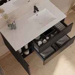 Cosyneo Meuble sous vasque seul, 2 tiroirs et 1 porte, 120cm, vasque déportée droite - noir - ZARZA
