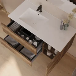 Cosyneo Meuble sous vasque seul, 2 tiroirs et 1 porte, 100cm, vasque déportée gauche - tabaco (bois foncé) - ZARZA