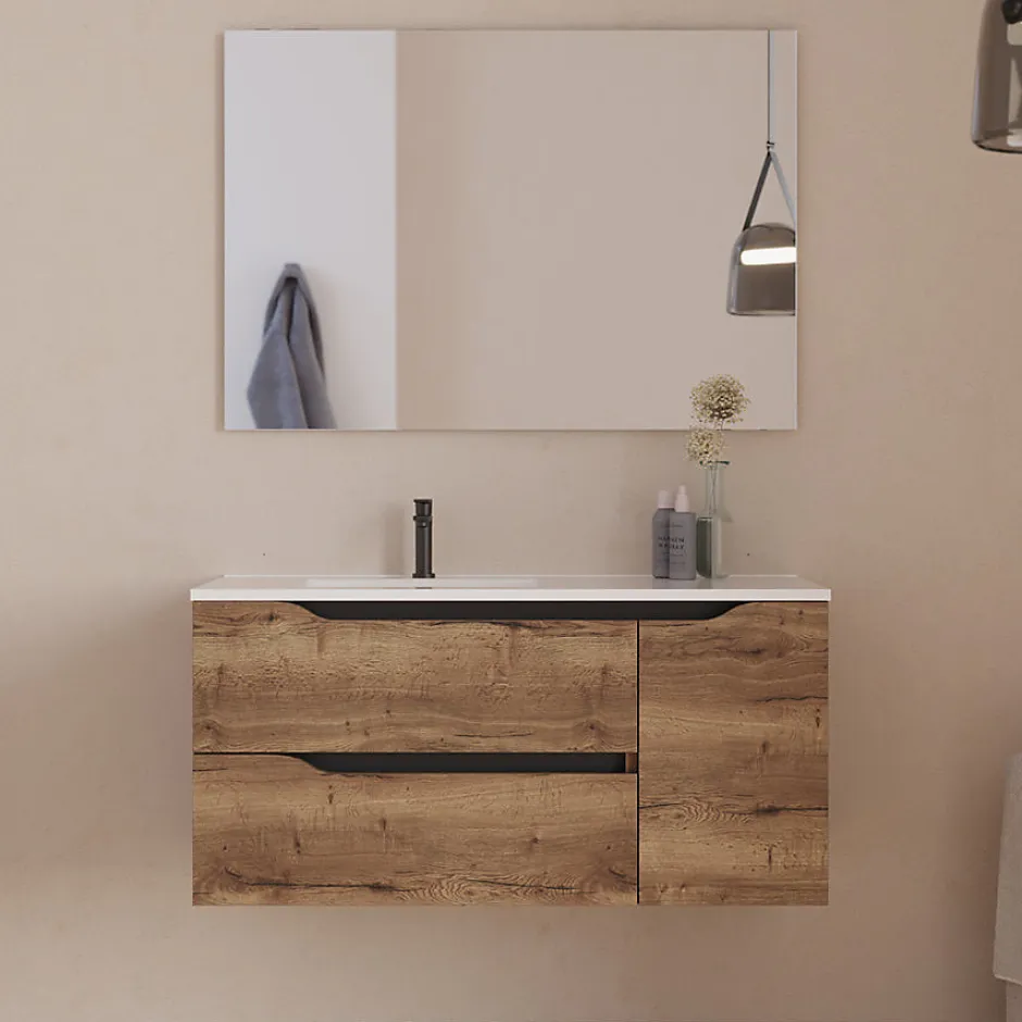 Cosyneo Meuble sous vasque seul, 2 tiroirs et 1 porte, 100cm, vasque déportée gauche - tabaco (bois foncé) - ZARZA