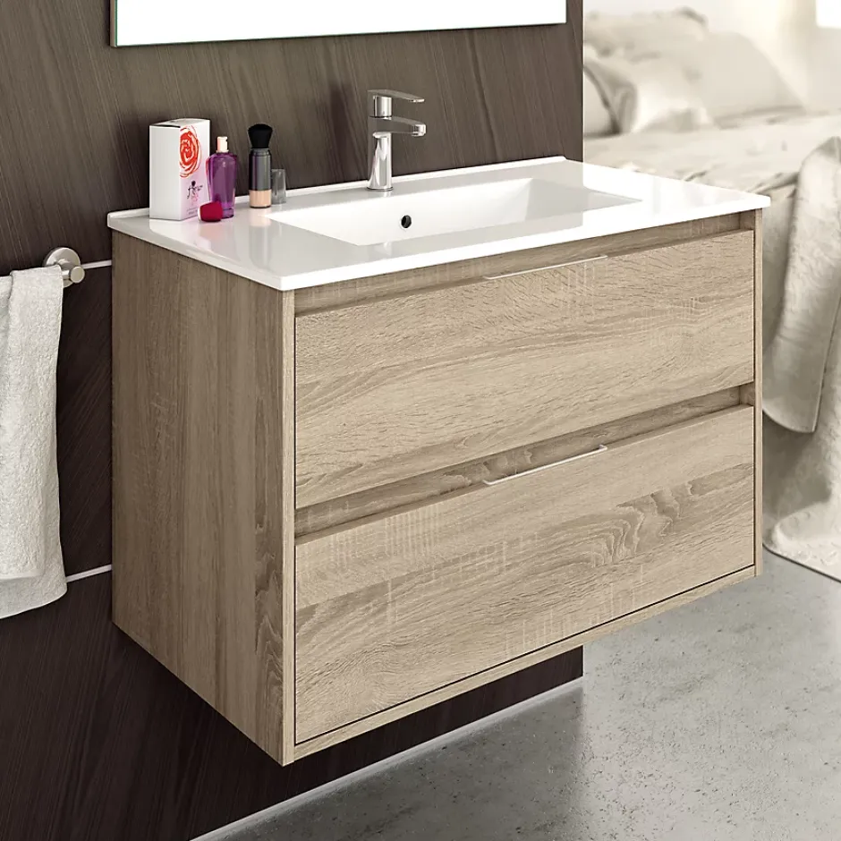 Cosyneo Meuble sous vasque seul, 2 tiroirs, 80cm, simple vasque - cambrian (chêne clair) - IRIS