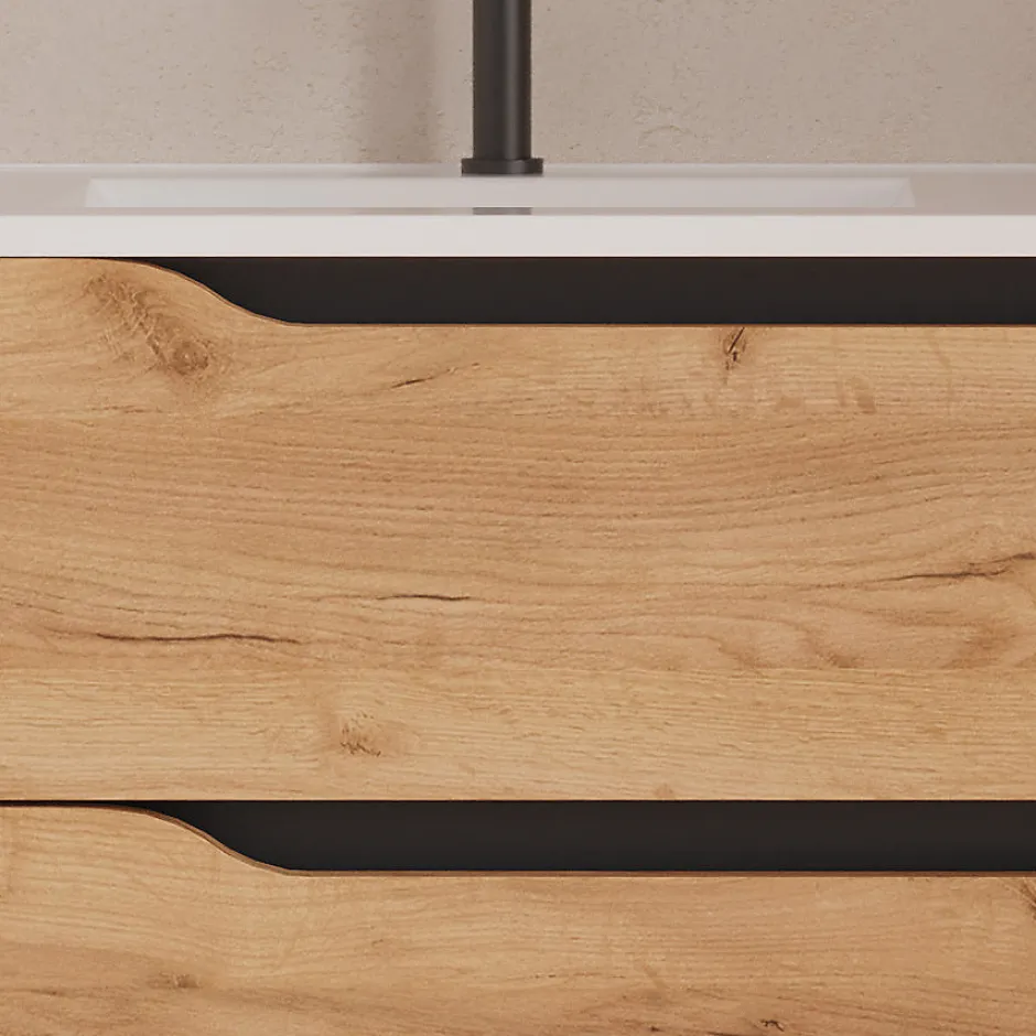 Cosyneo Meuble sous vasque seul, 2 tiroirs et 1 porte, 80cm, vasque déportée gauche - roble (bois clair) - ZARZA* Meuble Sous Lavabo