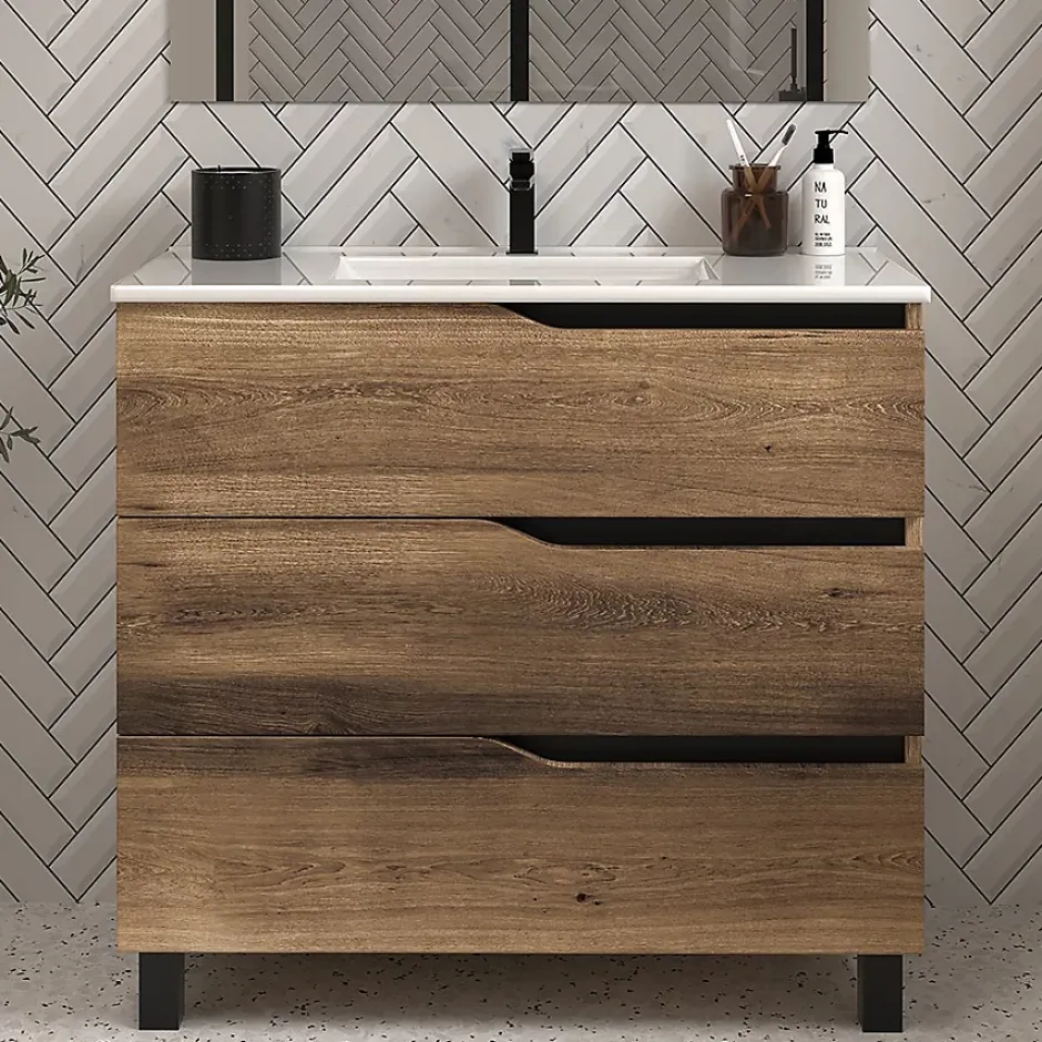 Cosyneo Meuble sous vasque seul, 3 tiroirs, 70cm, simple vasque - tabaco (chêne foncé) - MATA