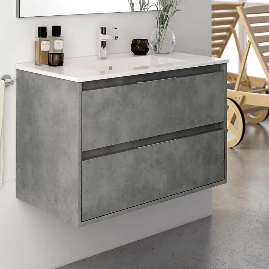 Cosyneo Meuble sous vasque seul, 2 tiroirs, 80cm, simple vasque - ciment (gris) - IRIS