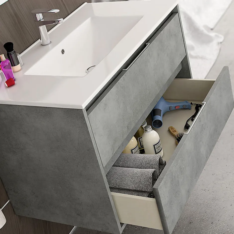 Cosyneo Meuble sous vasque seul, 2 tiroirs, 80cm, simple vasque - ciment (gris) - IRIS