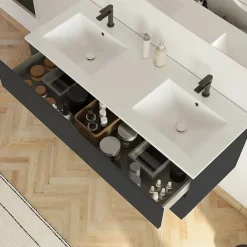 Cosyneo Meuble sous vasque seul, 2 tiroirs, 120cm, double vasque - noir - LUNA* Meuble Sous Lavabo