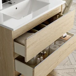 Cosyneo Meuble sous vasque seul, 3 tiroirs, 70cm, simple vasque - bambou (chêne clair) - PALMA* Meuble Sous Lavabo