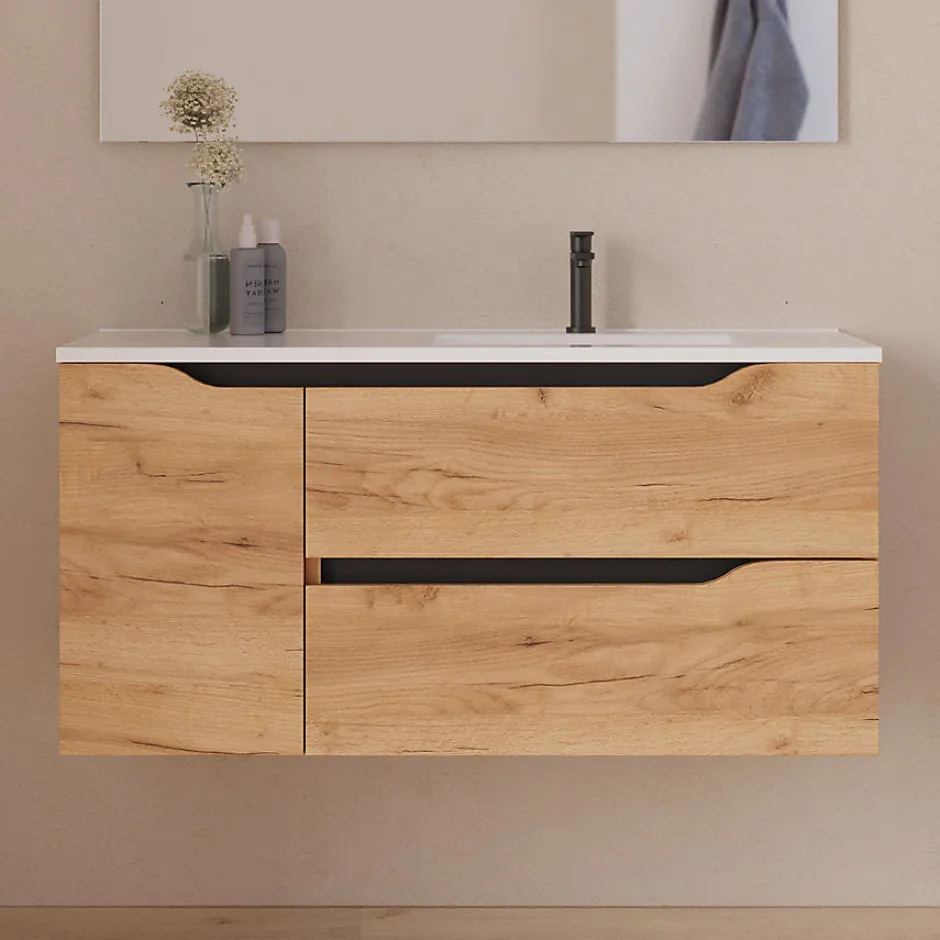 Cosyneo Meuble sous vasque seul, 2 tiroirs et 1 porte, 100cm, vasque déportée droite - roble (bois clair) - ZARZA* Meuble Sous Lavabo