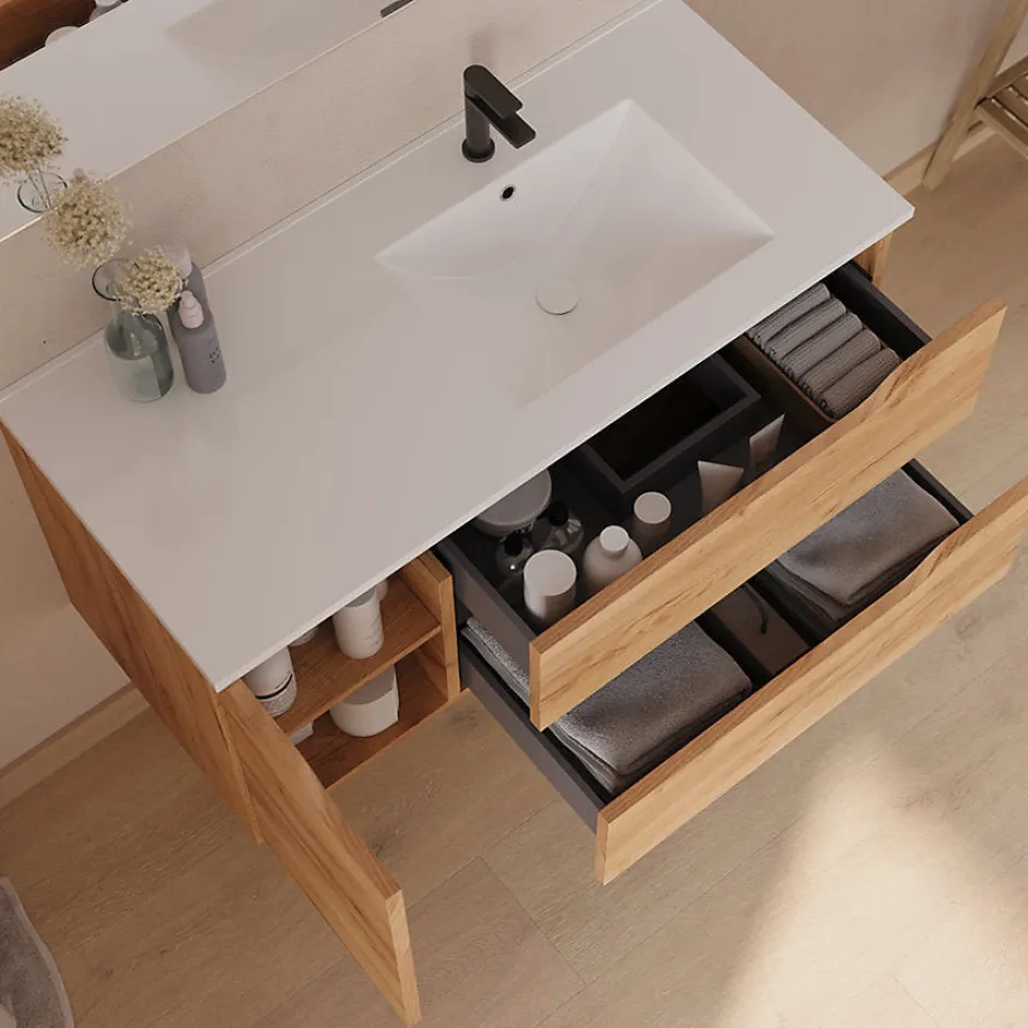 Cosyneo Meuble sous vasque seul, 2 tiroirs et 1 porte, 100cm, vasque déportée droite - roble (bois clair) - ZARZA* Meuble Sous Lavabo