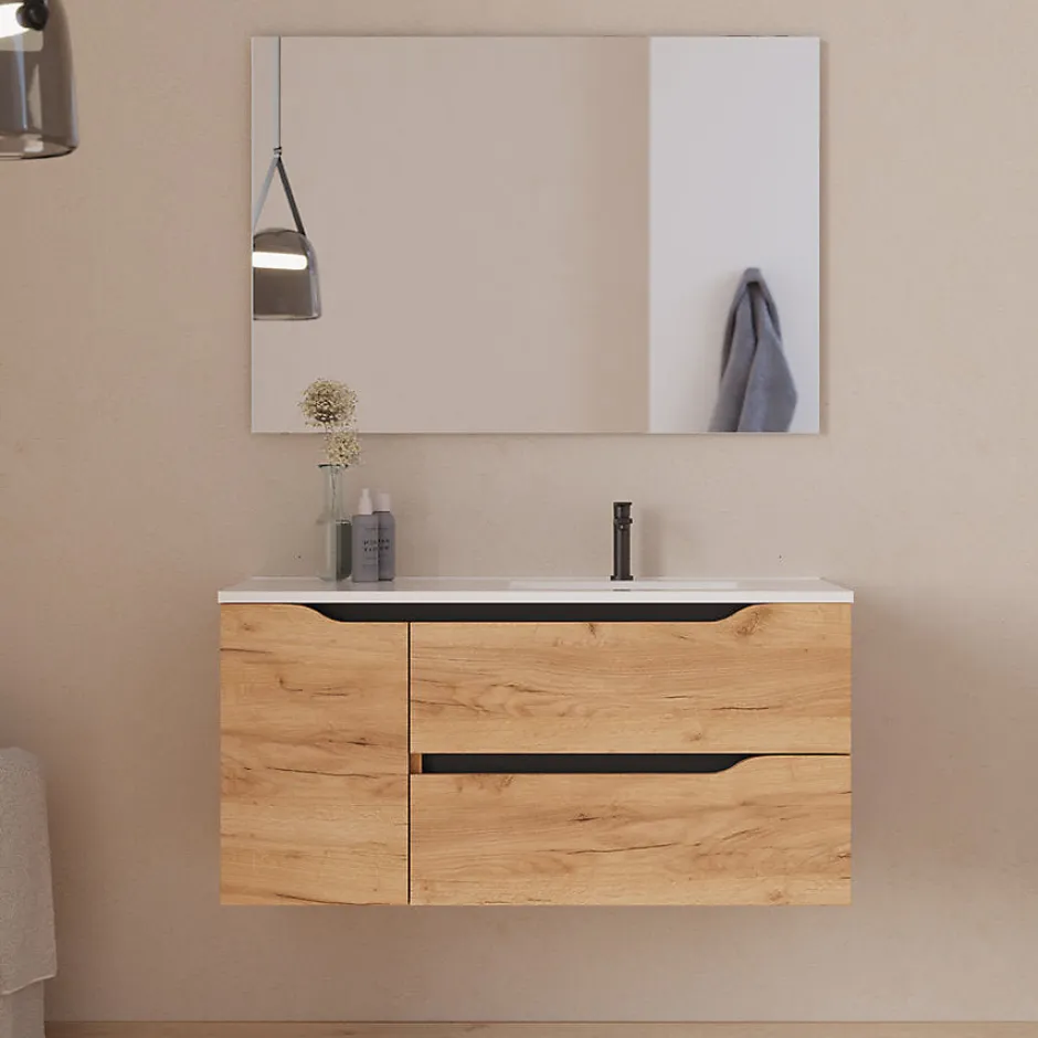 Cosyneo Meuble sous vasque seul, 2 tiroirs et 1 porte, 100cm, vasque déportée droite - roble (bois clair) - ZARZA* Meuble Sous Lavabo