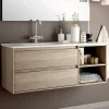 Cosyneo Meuble sous vasque seul, 2 tiroirs et 2 niches, 120cm, vasque déportée à gauche - cambrian (chêne clair) - OLYMPE* Meuble Sous Lavabo