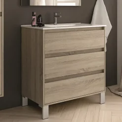 Cosyneo Meuble sous vasque seul, 3 tiroirs, 80cm, simple vasque - cambrian (chêne clair) - TIRIS