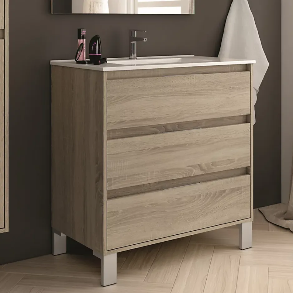 Cosyneo Meuble sous vasque seul, 3 tiroirs, 80cm, simple vasque - cambrian (chêne clair) - TIRIS