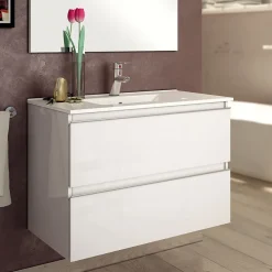 Cosyneo Meuble sous vasque seul, 2 tiroirs, 60cm, simple vasque - blanc laqué - BALEA* Meuble Sous Lavabo