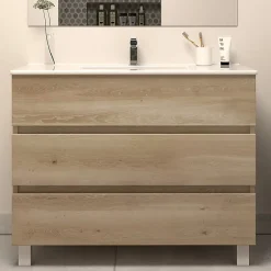 Cosyneo Meuble sous vasque seul, 3 tiroirs, 100cm, simple vasque - nebraska (chêne clair) - MAYOR