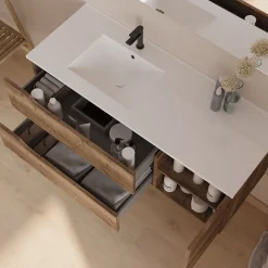 Cosyneo Meuble sous vasque seul, 2 tiroirs et 1 porte, 120cm, vasque déportée gauche - tabaco (bois foncé) - ZARZA
