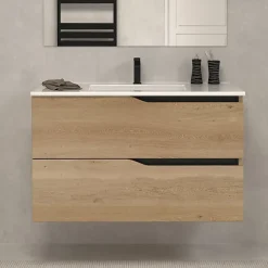 Cosyneo Meuble sous vasque seul, 2 tiroirs, 80cm, simple vasque - madera miel (chêne clair) - LUNA
