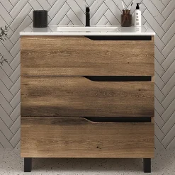Cosyneo Meuble sous vasque seul, 3 tiroirs, 60cm, simple vasque - tabaco (chêne foncé) - MATA