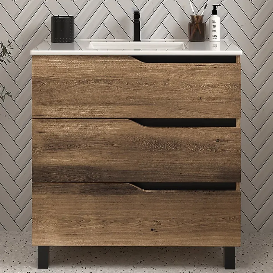 Cosyneo Meuble sous vasque seul, 3 tiroirs, 60cm, simple vasque - tabaco (chêne foncé) - MATA