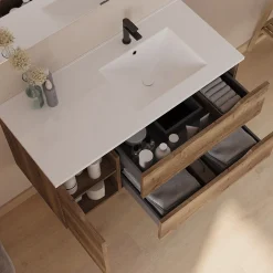 Cosyneo Meuble sous vasque seul, 2 tiroirs et 1 porte, 100cm, vasque déportée droite - tabaco (bois foncé) - ZARZA* Meuble Sous Lavabo