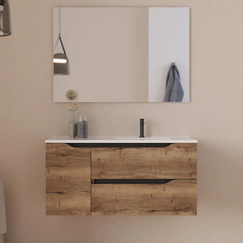 Cosyneo Meuble sous vasque seul, 2 tiroirs et 1 porte, 100cm, vasque déportée droite - tabaco (bois foncé) - ZARZA* Meuble Sous Lavabo