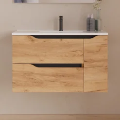 Cosyneo Meuble sous vasque seul, 2 tiroirs et 1 porte, 80cm, vasque centrée - roble (bois clair) - ZARZA* Meuble Sous Lavabo