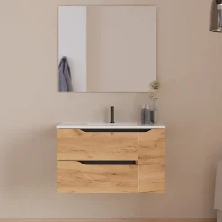Cosyneo Meuble sous vasque seul, 2 tiroirs et 1 porte, 80cm, vasque centrée - roble (bois clair) - ZARZA* Meuble Sous Lavabo