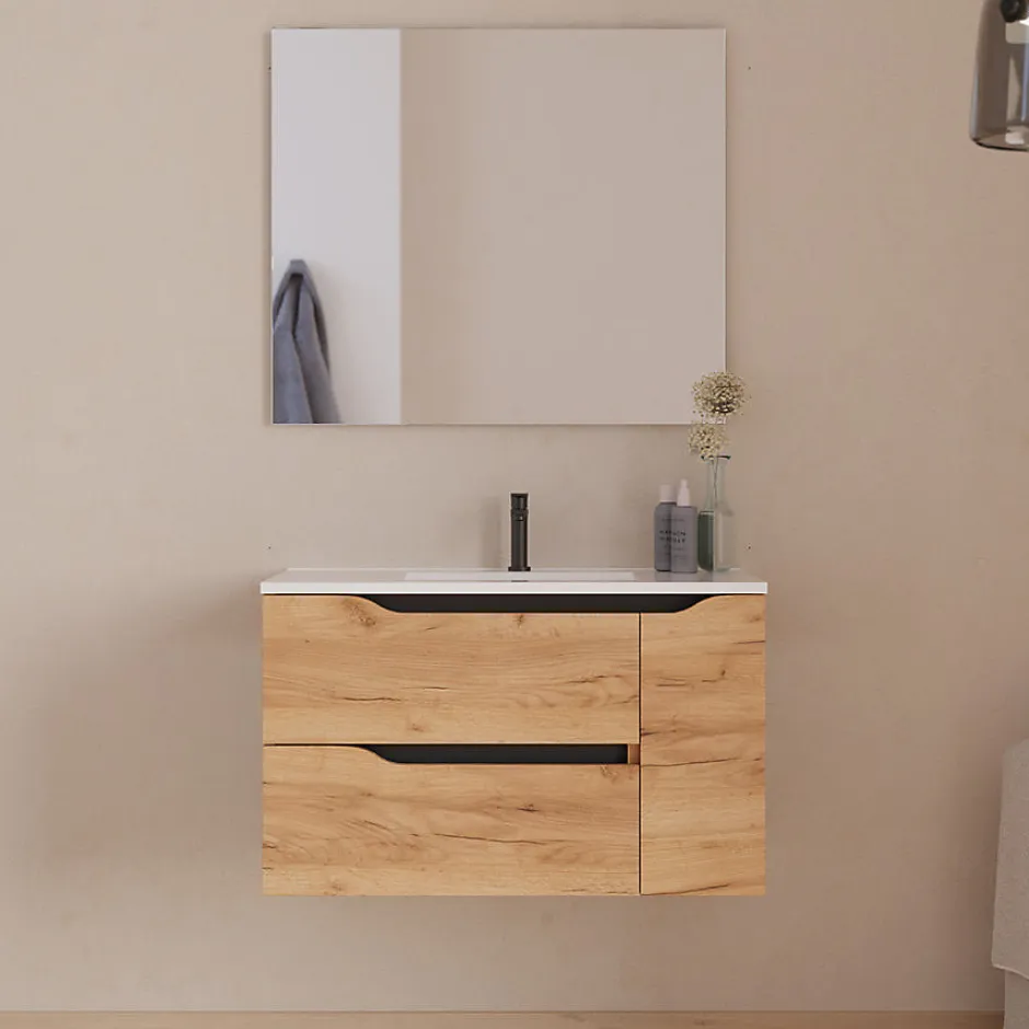 Cosyneo Meuble sous vasque seul, 2 tiroirs et 1 porte, 80cm, vasque centrée - roble (bois clair) - ZARZA* Meuble Sous Lavabo