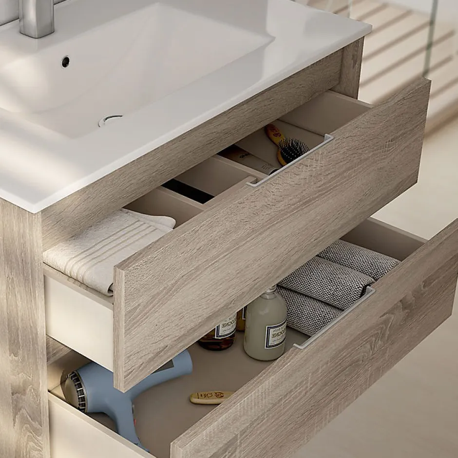 Cosyneo Meuble sous vasque seul, 3 tiroirs, 80cm, simple vasque - blanc laqué - TIRIS* Meuble Sous Lavabo