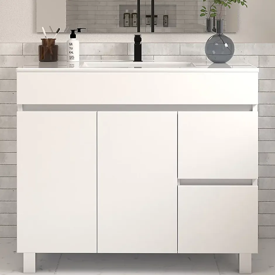 Cosyneo Meuble sous vasque seul, 2 tiroirs et 2 portes, 100cm, simple vasque - blanc brillant - HARO* Meuble Sous Lavabo