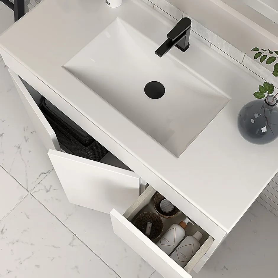 Cosyneo Meuble sous vasque seul, 2 tiroirs et 2 portes, 100cm, simple vasque - blanc brillant - HARO* Meuble Sous Lavabo