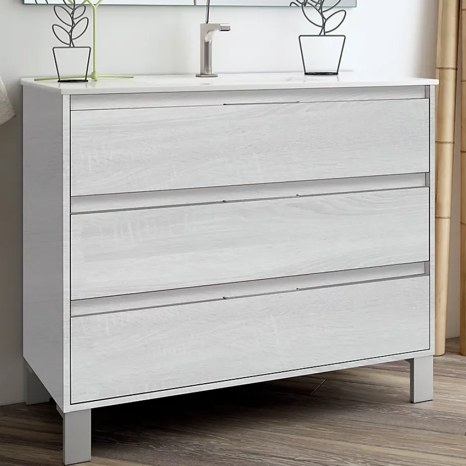 Cosyneo Meuble sous vasque seul, 3 tiroirs, 80cm, simple vasque - hibernian (bois blanchi) - TIRIS