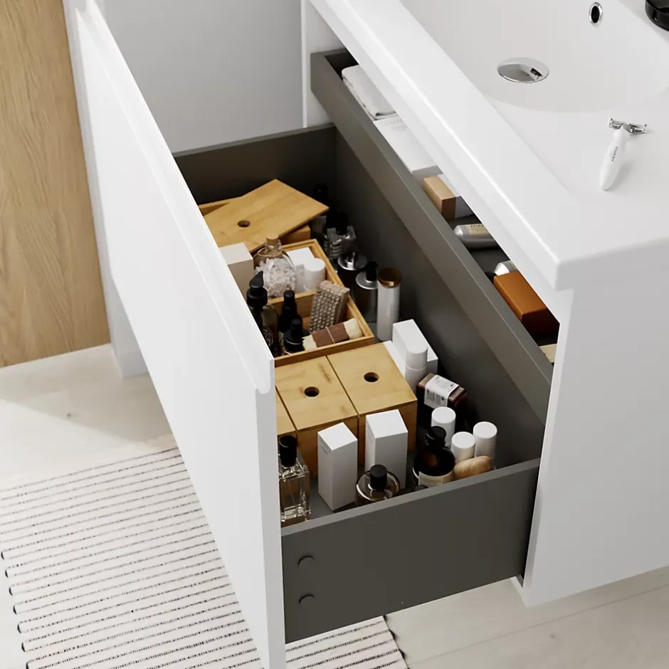 GoodHome Meuble sous vasque suspendu blanc mat 2 tiroirs l.80 x H.48 x P.45 cm Levanna* Meuble Sous-Vasque