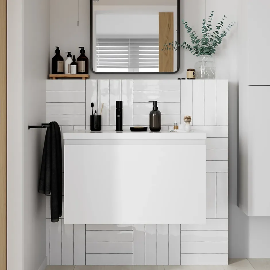 GoodHome Meuble sous vasque suspendu blanc mat 2 tiroirs l.80 x H.48 x P.45 cm Levanna* Meuble Sous-Vasque