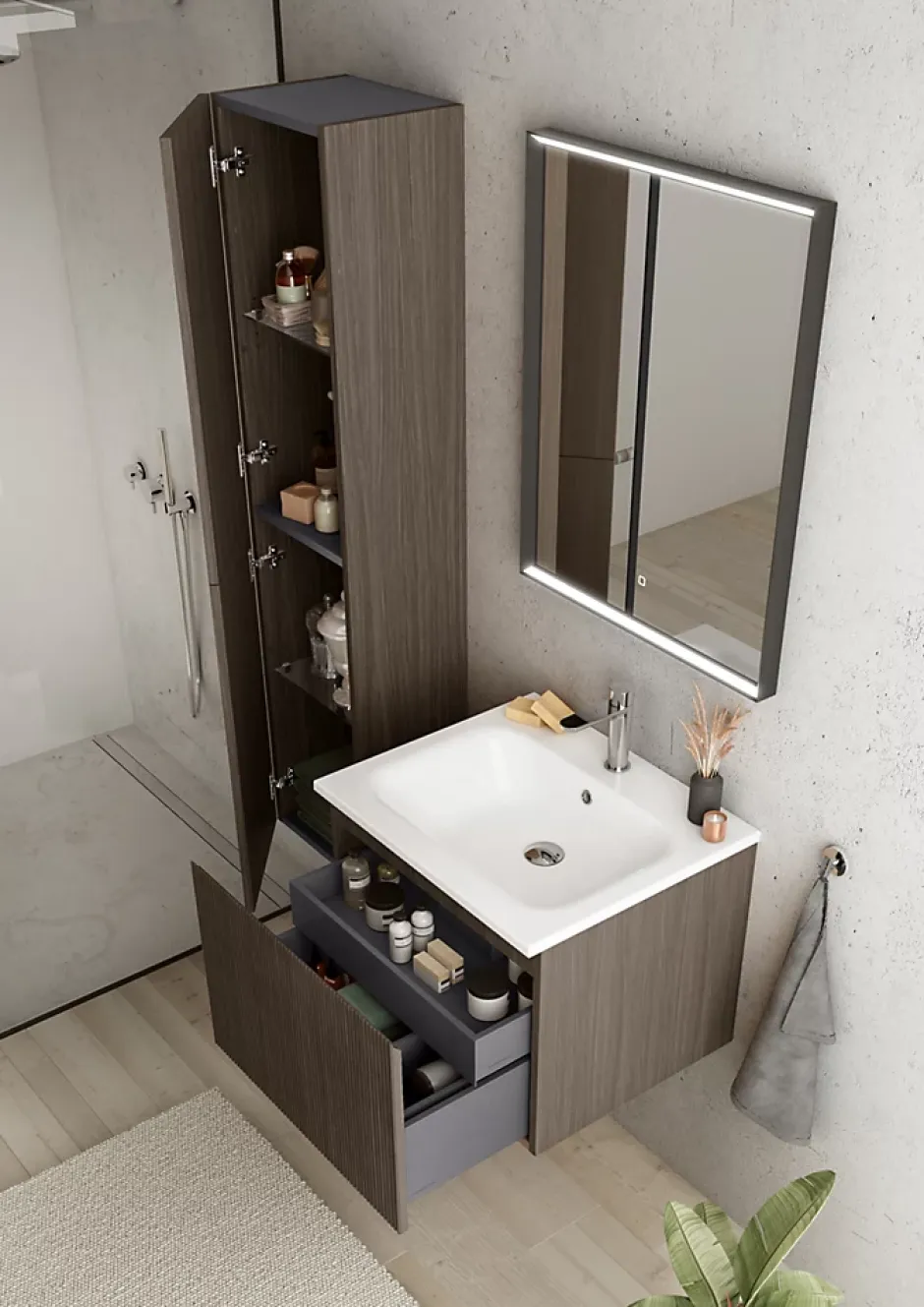 Ipiemme SRL Meuble sous vasque suspendu placage noyer strié l.60 x H.46,5 x P.50,5 cm, Pura+* Meuble Sous-Vasque