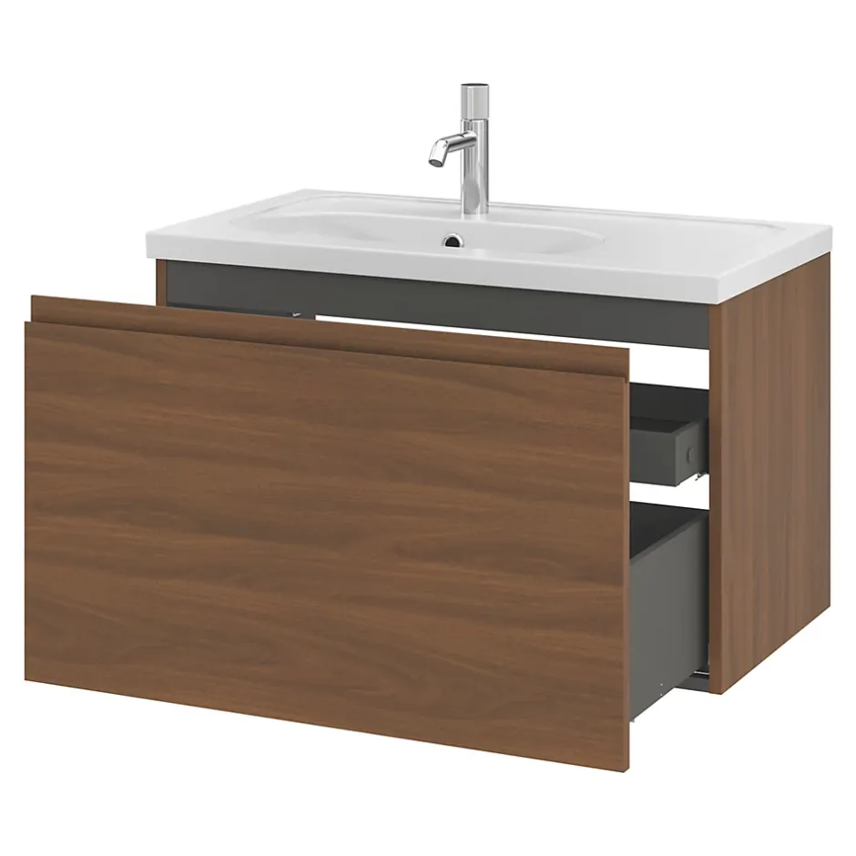 GoodHome Meuble sous vasque suspendu effet noyer 2 tiroirs l.80 x H.48 x P.45 cm Levanna