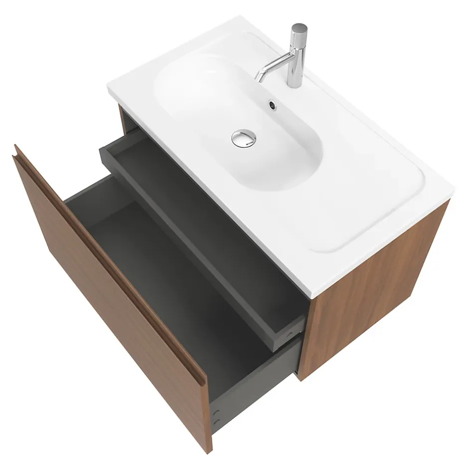 GoodHome Meuble sous vasque suspendu effet noyer 2 tiroirs l.80 x H.48 x P.45 cm Levanna