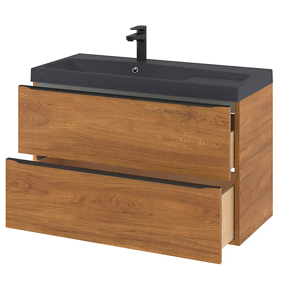 GoodHome Meuble sous vasque suspendu effet noyer l.100 x H.60 x P.45 cm, Imandra