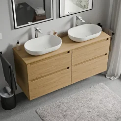 Bernstein Meuble sous vasque suspendu MDF Chêne miel, plan vasque Chêne miel, tiroirs pivotants - 140x46x62cm - VIREO* Meuble Sous-Vasque