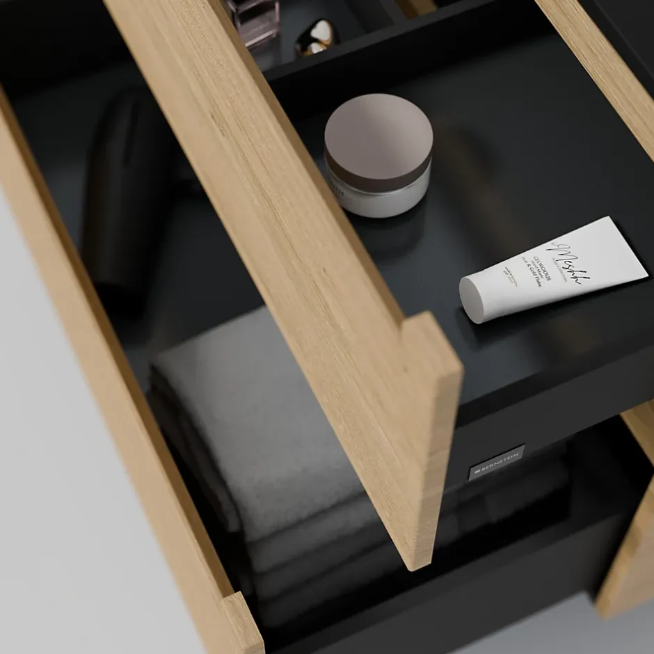 Bernstein Meuble sous vasque suspendu MDF Chêne miel, plan vasque Chêne miel, tiroirs pivotants - 140x46x62cm - VIREO* Meuble Sous-Vasque