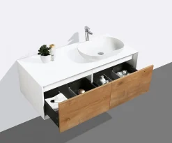 Bernstein Meuble sous vasque suspendu MDF Blanc mat, 2 tiroirs façade Aspect chêne - 120x40x55cm - Fiona 1200* Meuble Sous-Vasque