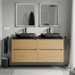 Bernstein Meuble sous vasque suspendu MDF Chêne miel, plan vasque Noir mat, tiroirs pivotants - 140x46x62cm - VIREO* Meuble Sous-Vasque