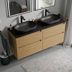 Bernstein Meuble sous vasque suspendu MDF Chêne miel, plan vasque Noir mat, tiroirs pivotants - 140x46x62cm - VIREO* Meuble Sous-Vasque