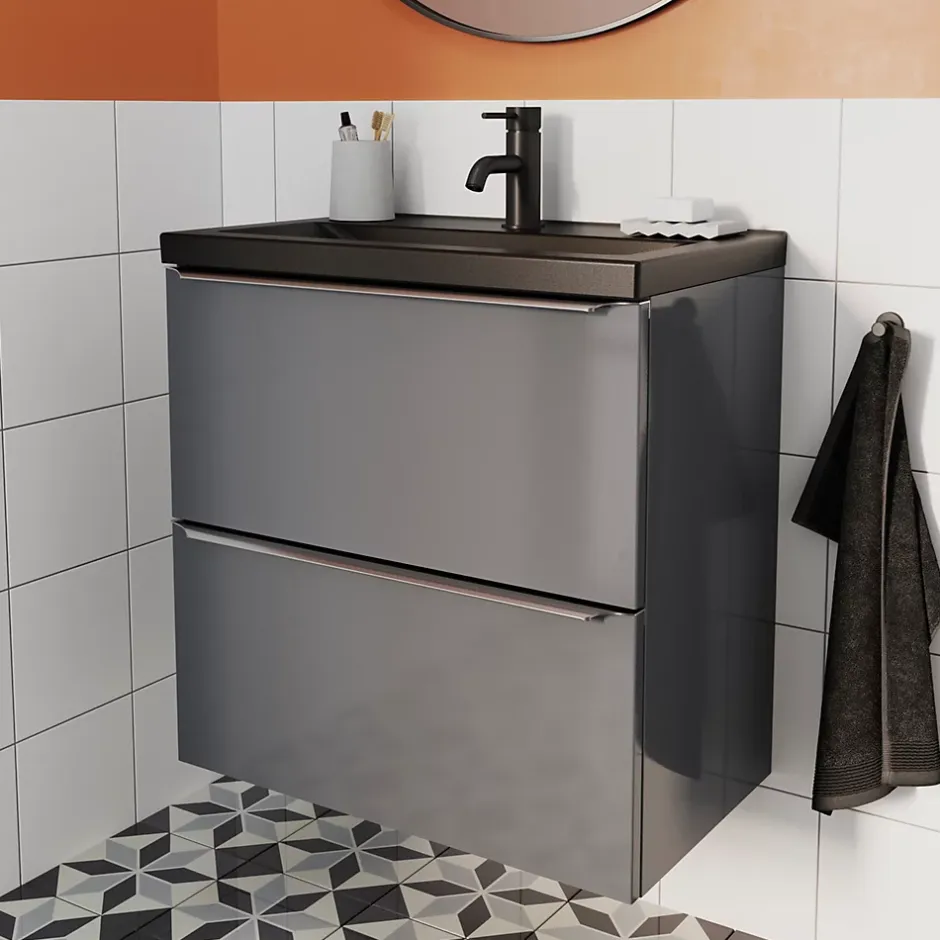 GoodHome Meuble sous vasque suspendu faible profondeur gris taupe brillant l.60 x H.60 x P.36 cm, Imandra* Meuble Buanderie