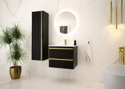 Furnidea Meuble sous vasque suspendu VESPER noir 80 cm - bande décorative dorée