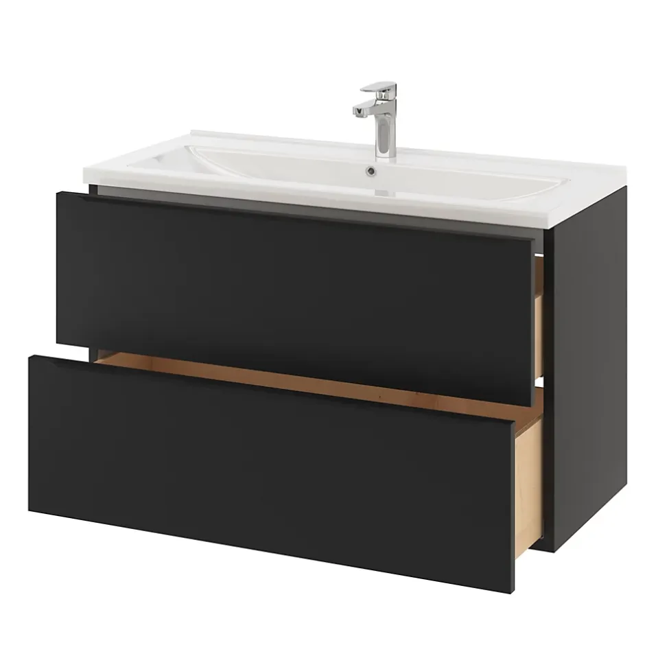 GoodHome Meuble sous vasque suspendu noir mat l.100 x H.60 x P.45 cm, Imandra