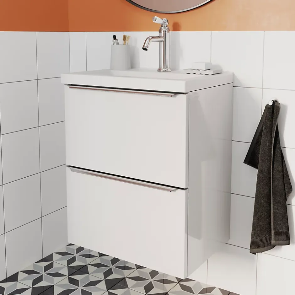 GoodHome Meuble sous vasque suspendu faible profondeur blanc brillant l.50 x H.60 x P.36 cm, Imandra