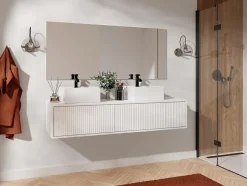 Vente-unique Meuble sous vasque suspendu strié - Blanc - 150 cm - ARNEGA