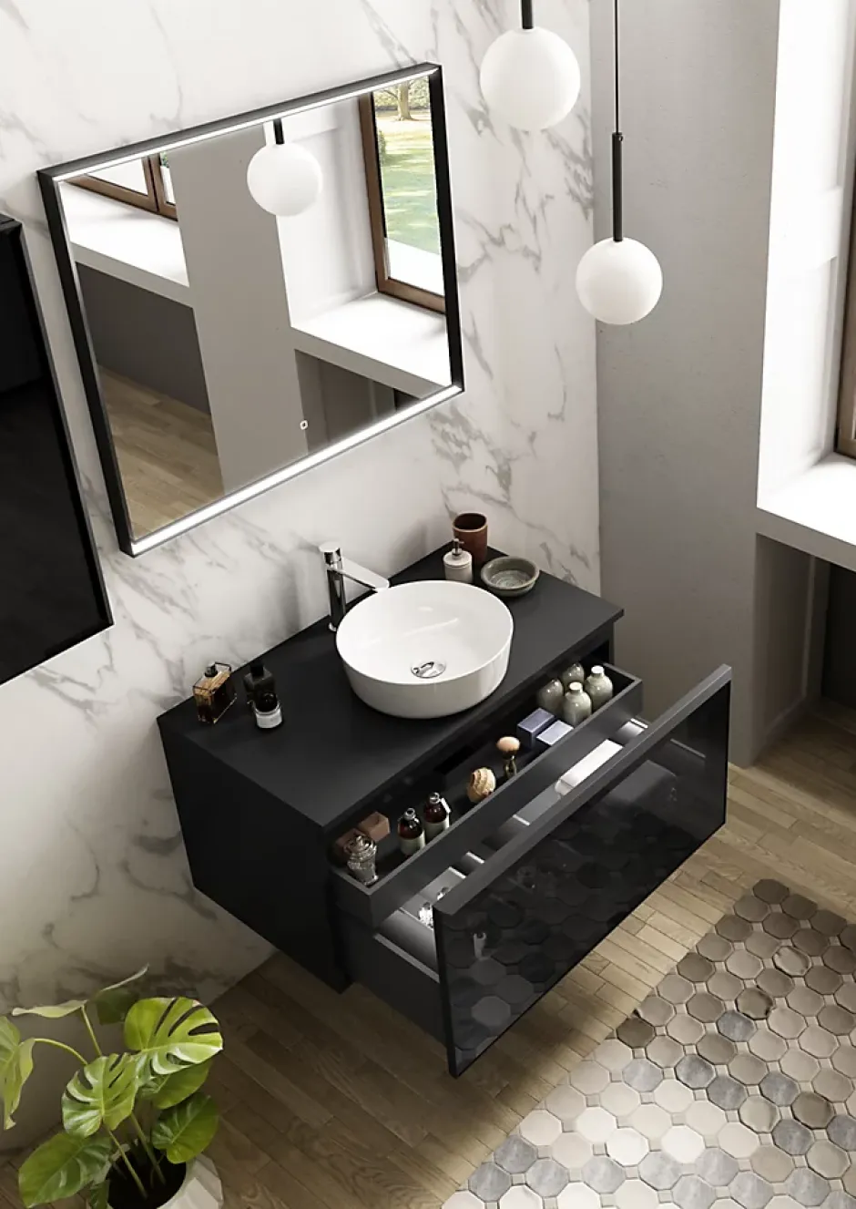 Ipiemme SRL Meuble sous vasque suspendu noir mat et verre fumé l.90 x H.46,5 x P.50,5 cm pour évacuation centrale, Pura+* Meuble Sous-Vasque